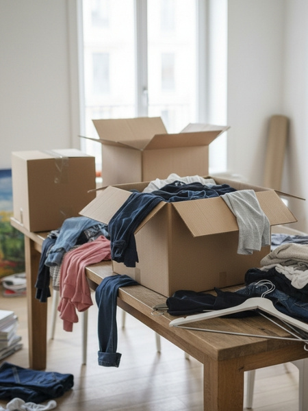 mehrere Kartons 2 wellig auf einem Tisch neben Klamotten